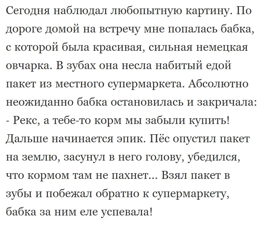 Сегодня наблюдал любопытную картину По дороге домой на встречу мне попалась бабка с которой была красивая сильная немецкая овчарка В зубах она несла набитый едой пакет из местного супермаркета Абсолютно неожиданно бабка остановилась и закричала Рекс а тебе то корм мы забыли купить Дальше начинается эпик Пёс опустил пакет на землю засунул в него голову убедился что кормом там не пахнет Взял пакет в
