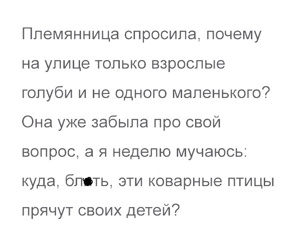 Племянница спросила почему на улице только взрослые голуби и не одного маленького Она уже забыла про свой вопрос а я неделю мучаюсь куда блять эти коварные птицы прячут своих детей