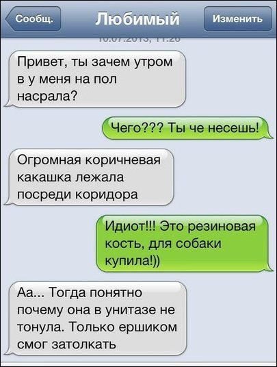 Изменить Привет ты зачем утром в у меня на пол насрала Огромная коричневая какашка лежала посреди коридора Аа Тогда понятно почему она в уни1азе не тонула Только ершиком смог затолкать