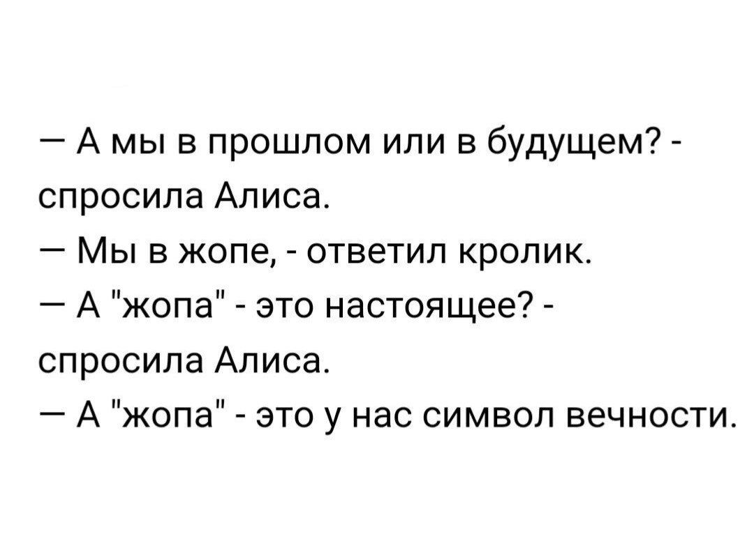 А мы в прошлом или в будущем спросила Алиса Мы в жопе ответил кролик А жопа это настоящее спросила Алиса А жопа это у нас символ вечности