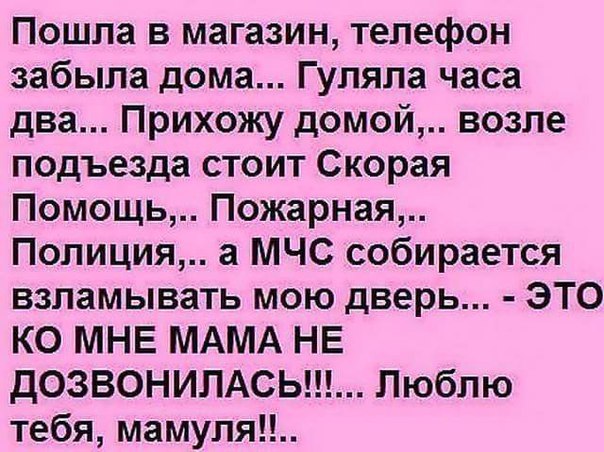 Пошла в магазин телефон забыла дома Гупяла часа два Прихожу домой возле подъезда стоит Скорая Помощь Пожарная Полиция а МЧС собирается взламывать мою дверь ЭТО КО МНЕ МАМА НЕ дОЗВОНИЛАСЬ Люблю тебя мамуля