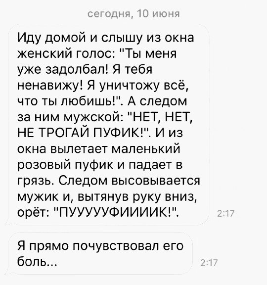Иду домой и слышу из окна женский голос Ты меня уже задолбал Я тебя ненавижу Я уничтожу всё что ты любишь А следом за ним мужской НЕТ НЕТ НЕ ТРОГАЙ ПУФИК И из окна вылетает маленький розовый пуфик и падает в грязь Следом высовывается мужик и вытянув руку вниз орёт ПУУУУУФИИИИК Я прямо почувствовал его боль