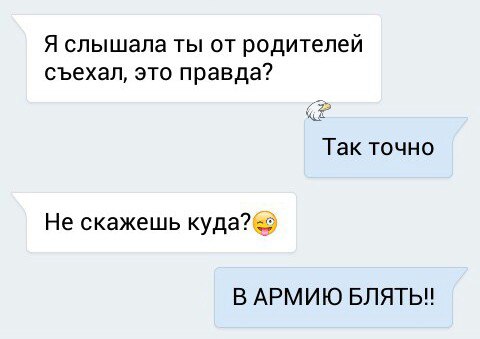 Я слышала ТЫ ОТ родителей СЪЕХЗЛ ЭТО правда 34 Так точно Не скажешь куда В АРМИЮ БПЯТЬН
