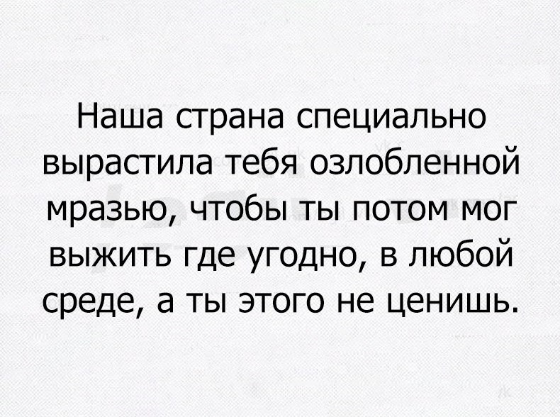 Наша страна специально вырастила тебя озлобленной мразью чтобы ты потом мог выжить где угодно в любой среде а ты этого не ценишь