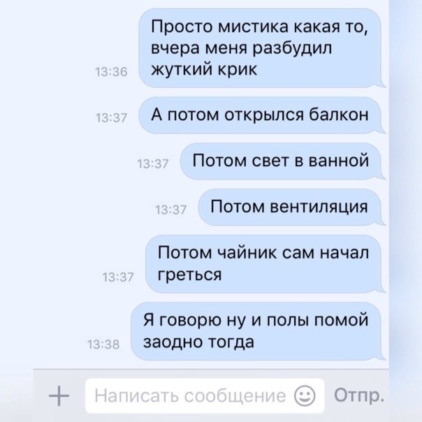 Просто мистика какая то вчера меня разбудил жуткий крик А ПОТОМ ОТКРЫЛСЯ балкон ПОТОМ свет В ванной ПОТОМ ВЕНТИЛЯЦИЯ ПОТОМ чайник СЭМ начал греться Я говорю ну и полы помой заодно тогда Отпр