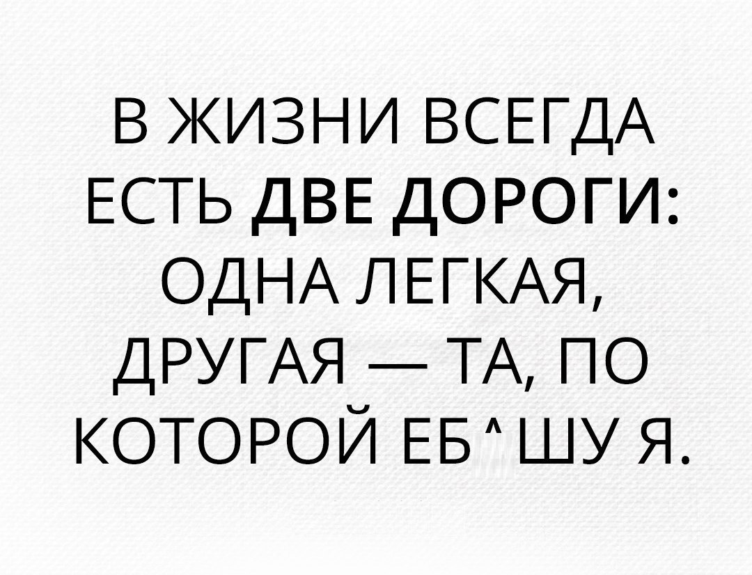 в жизни ВСЕГДА ЕСТЬ ДВЕ ДОРОГИ ОДНА ЛЕГКАЯ ДРУГАЯ ТА по которой ЕБ шу Я
