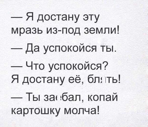 Я достану эту мразь из под земли Да успокойся ты Что успокойся Я достану её бл тть Ты 3а ебал копай картошку молча