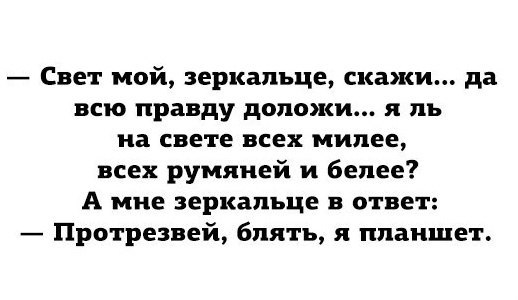 Свет мой зеркальце скажи да всю правду доложи я ль на свете всех милее всех румяией и белее А мне зеркальце ответ Протревей блять я планшет