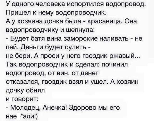 У одного человека испортился водопровод Пришел к нему водопроводчик А у хозяина дочка была красавица Она водопроводчику и шепнула Будет батя вина заморские наливать не пей Деньги будет сулить не бери А проси у него гвоздик ржавый Так водопроводчик и сделал починил водопровод от вин от денег ОТКазаЛСЯ ГБОЗдИК ВЗЯЛ И ушел А ХОЗЯИН дочку обнял И ГОВОРИТ Молодец Анечка Здорово мы его нае Гали