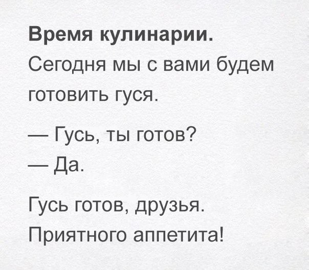 Время кулинарии Сегодня мы с вами будем готовить гуся Гусь ты готов Да Гусь готов друзья Приятного аппетита