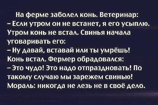 На ферме забоАеА конь Ветеринар Есди утром он не встанет я его усыпдю Утром конь не встаА Свинья начаа уговаривать его Ну давай вставай иди ты умрёшь Конь встаА Фермер обрадоваАся Это чудо Это надо отпраздновать По такому случаю мы зарежем свинью Мораль никогда не Аезь не в своё дело