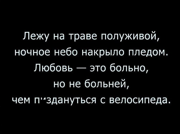 Лежу на траве полуживой ночное небо накрыло пледом Любовь это больно но не больней чем П3дануться с велосипеда