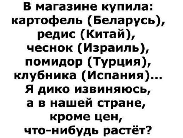 В магазине купила картофель Беларусь редис Китай чеснок Израиль помидор ТУРЦИЯ клубника Испания Я дико извиняюсь а в нашей стране кроме цен что нибудь растёт