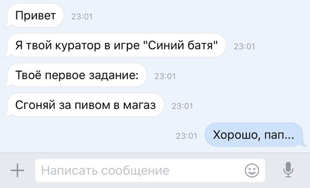 Привет Я твой куратор в игре Синий батя Твоё первое задание Сгоняй за пивом в магаз Хорошо пап