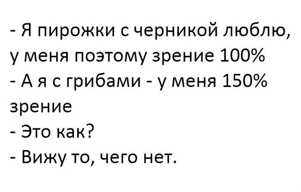 Я пирожки с черникой люблю у меня поэтому зрение 100 А я с грибами у меня 150 зрение Это как Вижу то чего нет