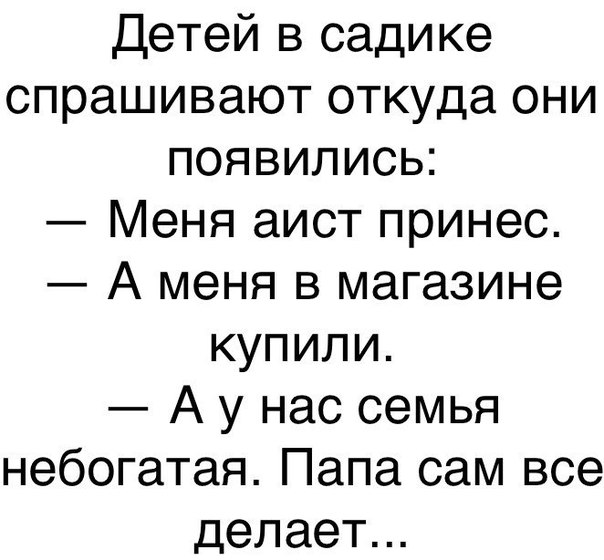 Детей в садике спрашивают откуда они появились Меня аист принес А меня в магазине купили А у нас семья небогатая Папа сам все делает