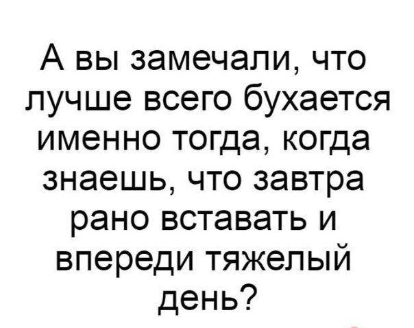 А вы замечали что лучше всего бухается именно тогда когда знаешь что завтра рано вставать и впереди тяжелый день