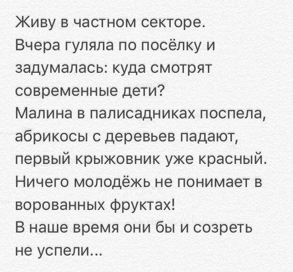 Живу в частном секторе Вчера гуляла по посёлку и задумалась куда смотрят современные дети Малина в палисадниках поспела абрикосы с деревьев падают первый крыжовник уже красный Ничего молодёжь не понимает в ворованных фруктах В наше время они бы и созреть не успели