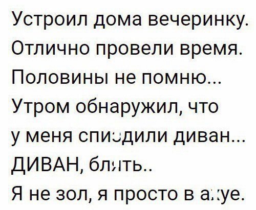 Устроил дома вечеринку Отлично провели время Половины не помню Утром обнаружил что у меня спищдили диван ДИВАН блять Я не зол я просто в ауе
