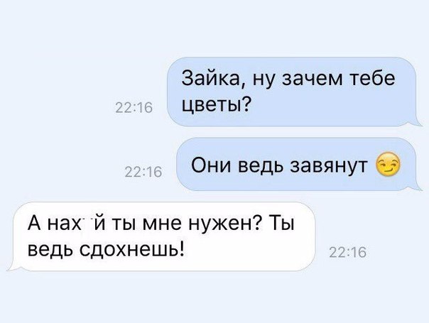 Зайка ну зачем тебе цветы Они ведь завянут О А нах й ты мне нужен Ты ведь сдохнешь