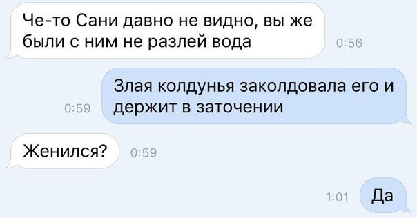 Че то Сани давно не видно вы же были с ним не разлей вода Злая КОПДУНЬЯ заколдовала его И Держит В ЗЭТОЧеНИИ Женился