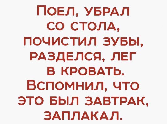 ПОЕЛ УБРАЛ СО СТОЛА ПОЧИСТИЛ ЗУБЫ РАЗДЕЛСЯ ЛЕГ В КРОВАТЬ ВСПОМНИЛ ЧТО ЭТО БЫЛ ЗАВТРАК ЗАПЛАКАЛ