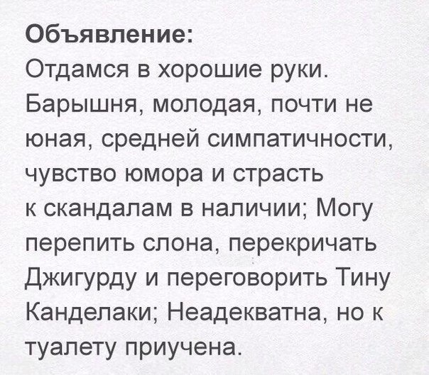 Объявление Отдамся в хорошие руки Барышня молодая почти не юная средней симпатичности чувство юмора и страсть к скандалам в наличии Могу перелить слона перекричать Джигурду и переговорить Тину Канделаки Неадекватна но к туалету приучена