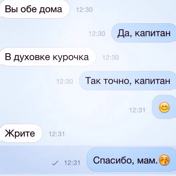 Вы обе дома да капитан В духовке курочка Так точно капитан 6 Жрите 1231 Спасибо маме