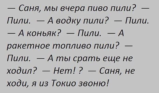 Саня мы вчера пиво пили Пили А водку пили Пили А коньяк Пили А ракетное топливо пили Пили А ты срать еще не ходил Нет Саня не ходи я из Токио звоню