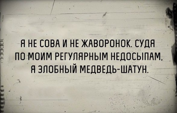 У Ё Я НЕ СОВА И НЕ ЖАВОРОНОК ЕУДН ПО МОИМ РЕГУПЯРНЫМ НЕДОСЫПАМ Н ЗПОБНЫЙ МЕДВЕДЬ ШАТУН