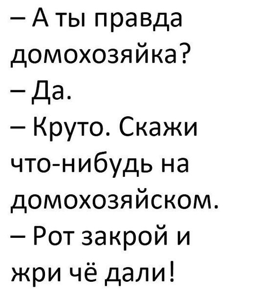 А ты правда домохозяйка Да Круто Скажи что нибудь на домохозяйском Рот закрой и жри чё дали