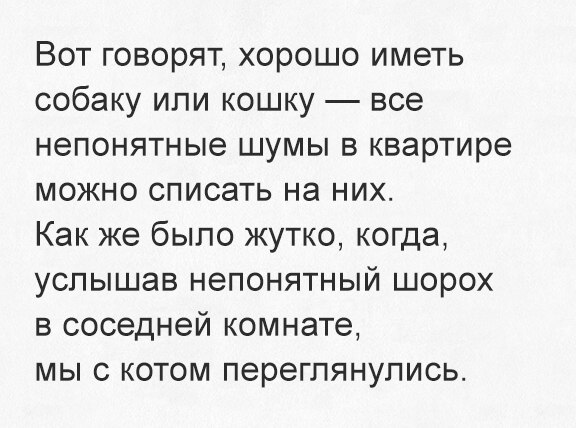 Вот говорят хорошо иметь собаку или кошку все непонятные шумы в квартире можно списать на них Как же было жутко когда услышав непонятный шорох в соседней комнате мы с котом переглянулись