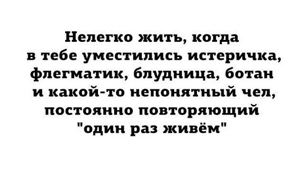Нелегко жить когда в тебе уместились истеричка фпегматик блудница ботан и какой то непонятный чеп постоянно повторяющий один раз живём