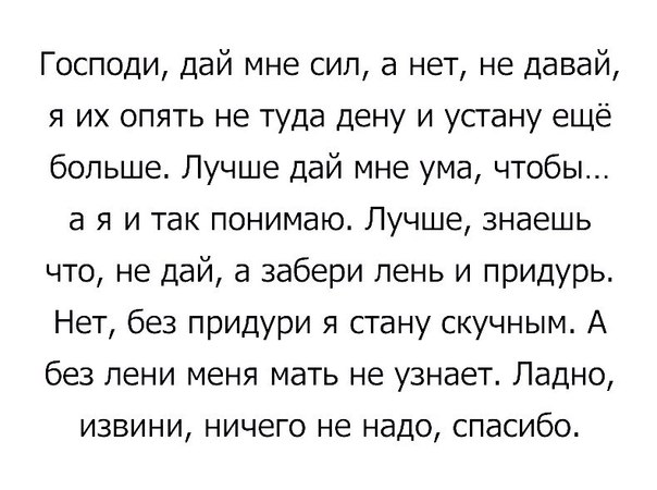 Господи дай мне сил а нет не давай я их опять не туда дену и устану ещё больше Лучше дай мне ума чтобы а я и так понимаю Лучше знаешь что не дай а забери лень и придурь Нет без придури я стану скучным А без лени меня мать не узнает Ладно извини ничего не надо спасибо