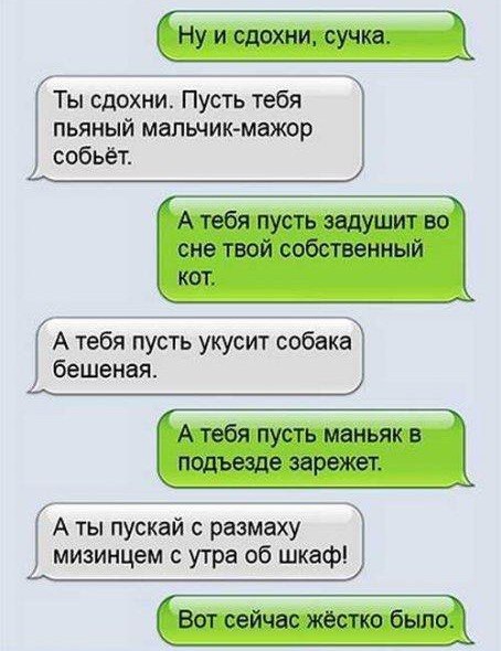 Ну и сдохни сучка Ты сдохни Пусть тебя пьяный мальчикмажор собьет А тебя пусть эедушит во сне твой собственный кот А тебя пусть укусит собака бешеная А тебя пусть маньяк в подъезде зарежет _ А ты пускай с размаху мизинцем утра об шкаф Вот сейчас жёстко было