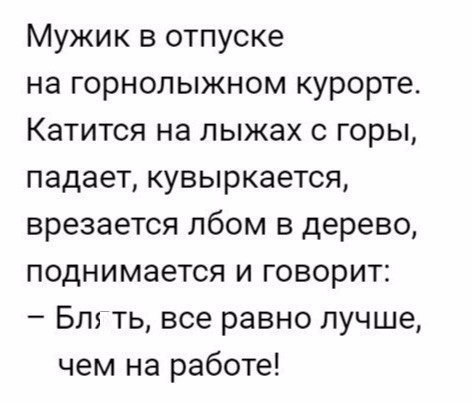 Мужик в отпуске на горнолыжном курорте Катится на лыжах с горы падает кувыркается врезается лбом в дерево поднимается и говорит Блгть все равно лучше чем на работе