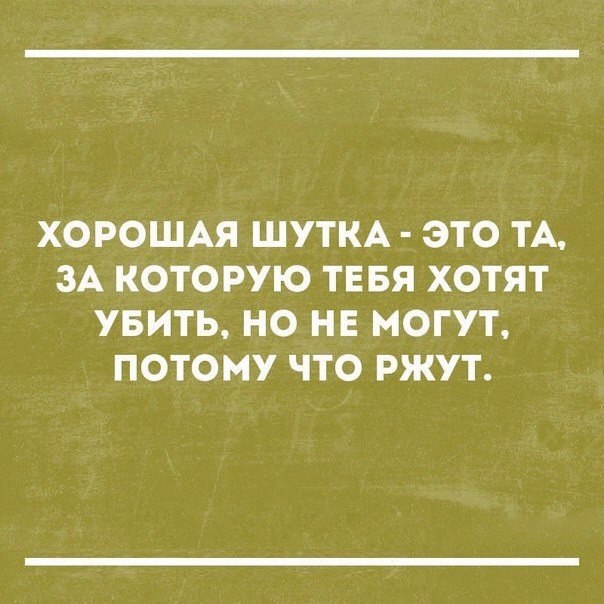ХОРОШАЯ ШУТКА ЭТО ТА ЗА КОТОРУЮ ТЕБЯ ХОТЯТ УБИТЬ НО НЕ МОГУТ ПОТОМУ ЧТО РЖУТ