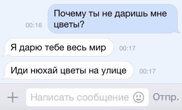 Почему ты не даришь мне цветы Я дарю тебе весь мир Иди нюхай цветы на улице