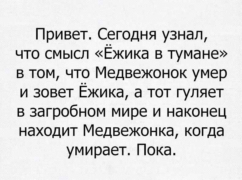 Привет Сегодня узнал что смысл Ёжика в тумане в том что Медвежонок умер и зовет Ёжика а тот гуляет в загробном мире и наконец находит Медвежонка когда умирает Пока