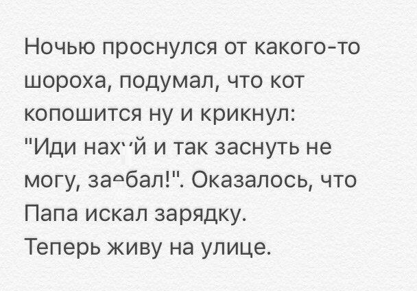 Ночью проснулся от какого то шороха подумал что кот копошится ну и крикнул Иди НЗХЙ и так заснуть не могу задбал Оказалось что Папа искал зарядку Теперь живу на улице