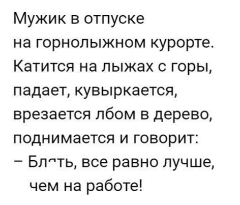 Мужик в отпуске на горнолыжном курорте Катится на лыжах с горы падает кувыркается врезается лбом в дерево поднимается и говорит Блять все равно лучше чем на работе