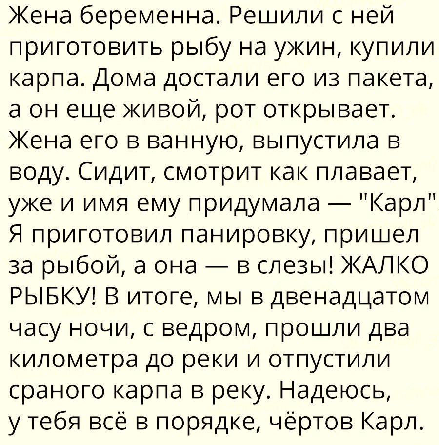 Жена беременна Решили с ней приготовить рыбу на ужин купили карпа Дома достали его из пакета а он еще живой рот открывает Жена его в ванную выпустила в воду Сидит смотрит как плавает уже и имя ему придумала Карл Я приготовил панировку пришел за рыбой а она в слезы ЖАЛКО РЫБКУ В итоге мы в двенадцатом часу ночи с ведром прошли два километра до реки и отпустили сраного карпа в реку Надеюсь у тебя вс