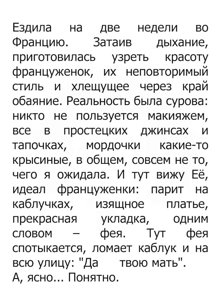 Ездила на две недели во Францию Затаив дыхание приготовилась узреть красоту француженок их неповторимый стиль и хлещущее через край обаяние Реальность была сурова никто не пользуется макияжем все в простецких джинсах и тапочках мордочки какие то крысиные в общем совсем не то чего я ожидала И тут вижу Её идеал француженки парит на каблучках изящное платье прекрасная укладка одним словом фея Тут фея