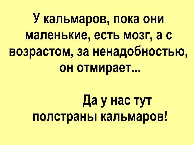 У кальмаров пока ОНИ маленькие есть МОЗГ а С ВОЗРЗСТОМ за НЕНЭДОбНОСТЬЮ ОН отмирает Да у нас тут полстраны кальмаров