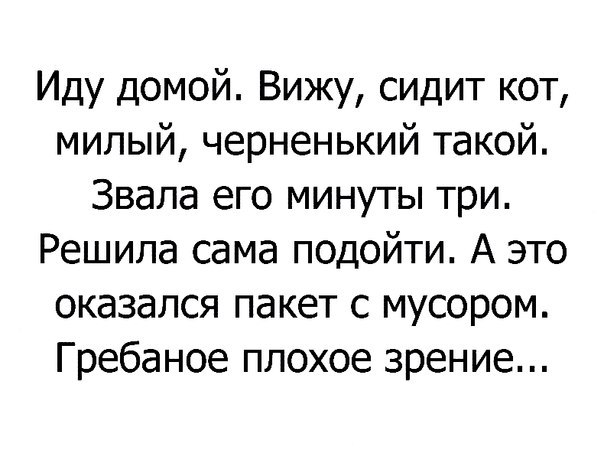 Иду домой Вижу сидит кот милый черненький такой Звапа его минуты три Решила сама подойти А это оказался пакет с мусором Гребаное плохое зрение
