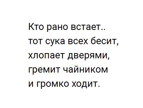 Кто рано встает тот сука всех бесит хлопает дверями гремит чайником и громко ходит