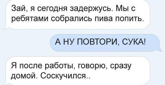 Зай я сегодня задержусь Мы с ребятами собрались пива попить А НУ ПОВТОРИ СУКА Я после работы говорю сразу домой Соскучился