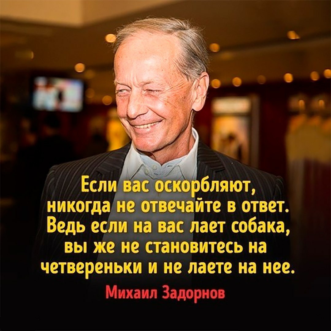 никогда отве айте в ответ Ведь если водица собака ВЫ жё не становитесь на четвереньки И не лаете на нее Михаил Задорнов