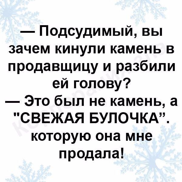 Подсудимый вы зачем кинули камень в продавщицу и разбили ей голову Это был не камень а СВЕЖАЯ БУЛОЧКА которую она мне продала