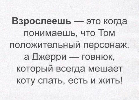 Взроспеешь это когда понимаешь что Том положительный персонаж а Джерри говнюк который всегда мешает коту спать есть и жить